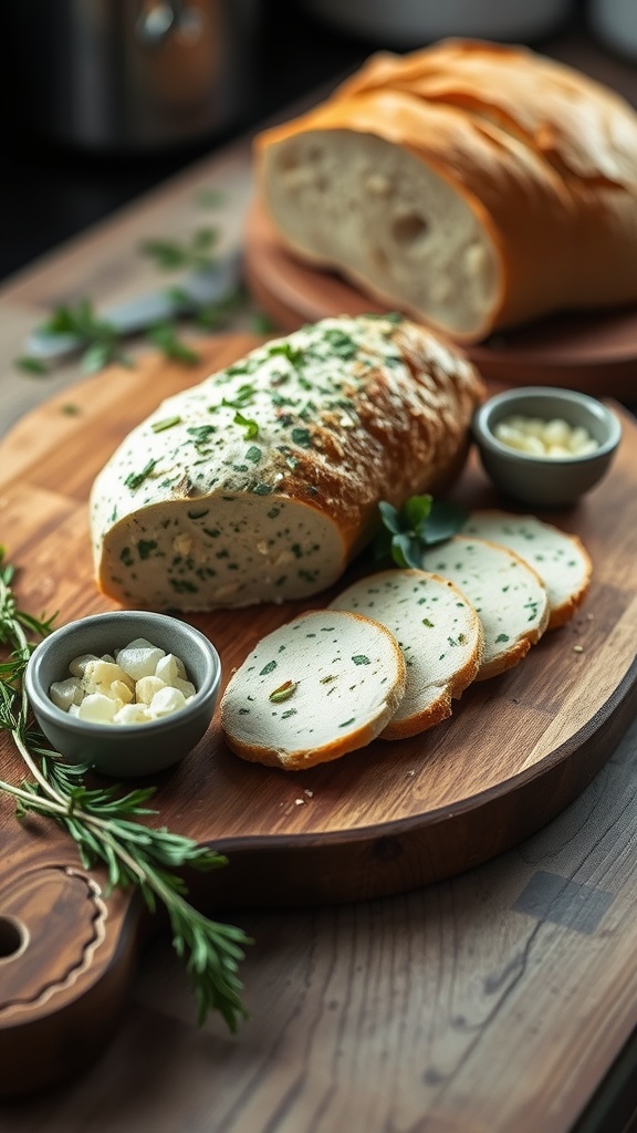 Homemade garlic and herb butter log, sliced and garnished with fresh herbs, on a rustic wooden board beside a loaf of bread.